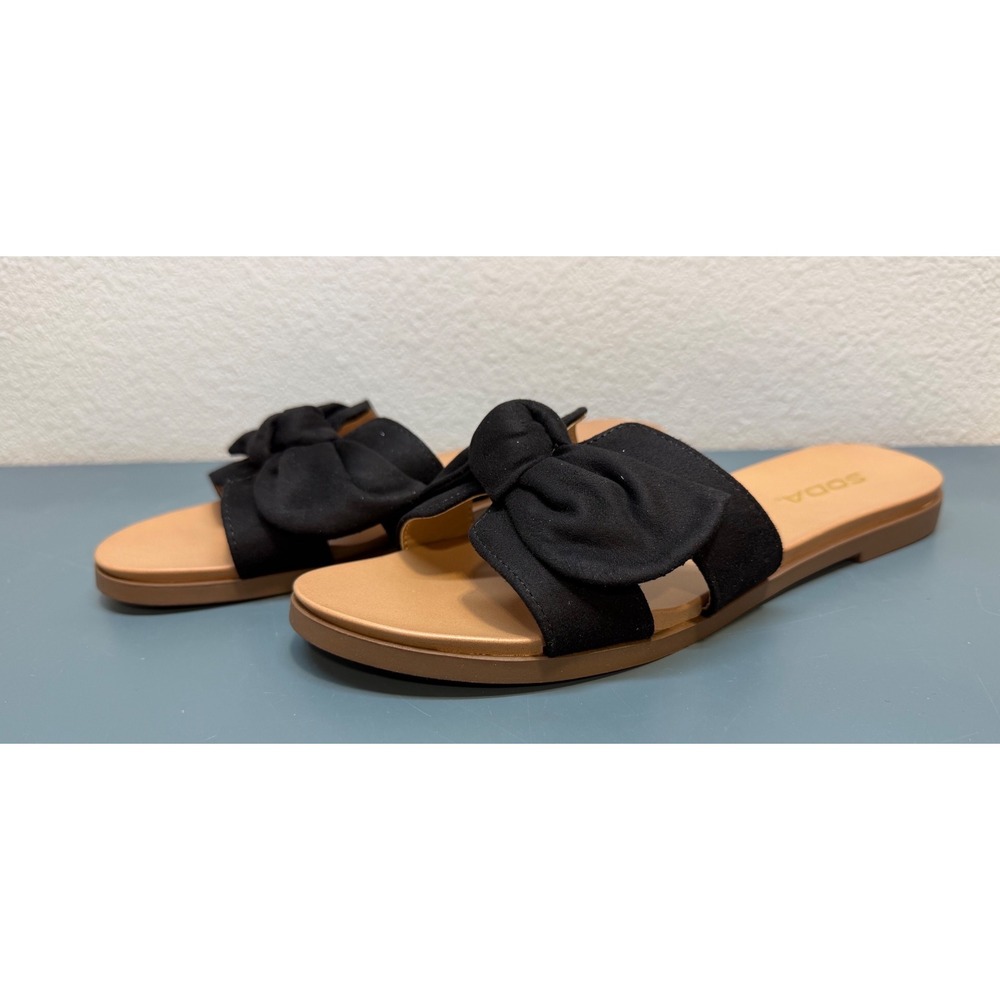 SODA Women's Black Bow Slide Sandals Size 8.5 Flat Slip On Summer Shoes